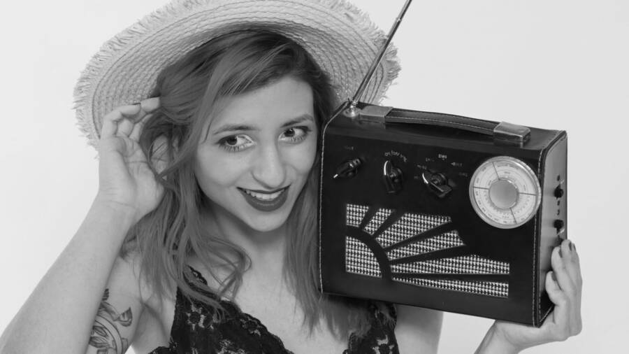 photographer waist it pinup modelling photo. mave d listens to a vintage radio exchange roamer ten multiband radio receiver these things were sold as kits during the late 1960s and early 1970s this one still works too the snap was taken during a fabulous daylo