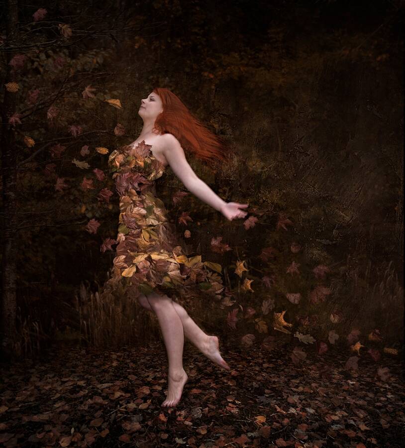 photographer AyrshirePhotographs photomanipulation modelling photo. photographed the model in a black dress then composited the leaves.