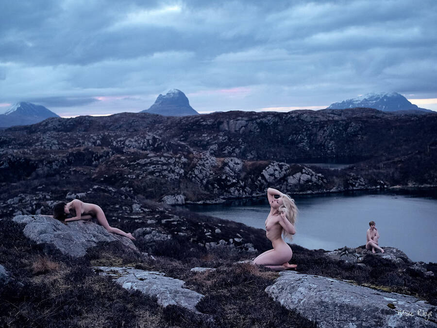 photographer MikeRhys classic modelling photo. early morning shoot in the scottish highlands  three brave models in a breathtaking landscape at temperatures just above freezing point.