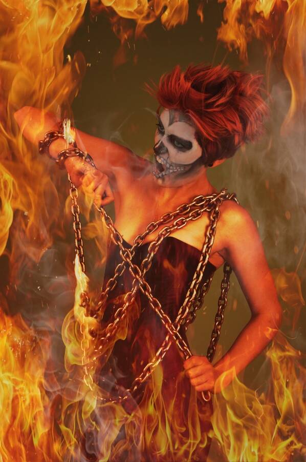 photographer Adamphotographs published modelling photo taken at @LP+Photografix+Studios with  Freya Harrop. ghost rider themed shoot for publication in creative portrait magazine.
