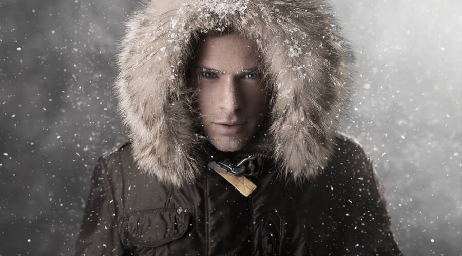 photographer Neil Jolley commercial modelling photo. an arctic shoot i worked on for zee and co to promote their winter jacket range fake snow and lots of mess.
